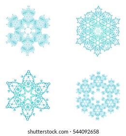  Set of snowflake for the new year . Collection of linear round figures, as the vintage ornament. Blue radial objects on the white background in vector. Decoration for christmas