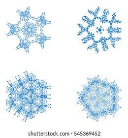  Set of snowflake for the new year . Collection of linear round figures, as the vintage ornament. Blue radial objects on the white background in vector. Decoration for christmas