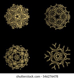  Set of snowflake for the new year. Collection of linear round figures, as the vintage ornament. Gold radial objects on the black background in vector. Decoration for christmas