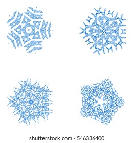  Set of snowflake for the new year . Collection of linear round figures, as the vintage ornament. Blue radial objects on the white background in vector. Decoration for christmas