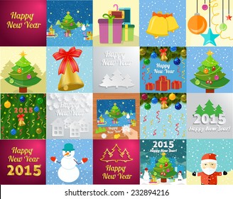 Set of snowflake and New Year greeting card with decorated christmas tree, snowmans and gifts against the background of glowing cards