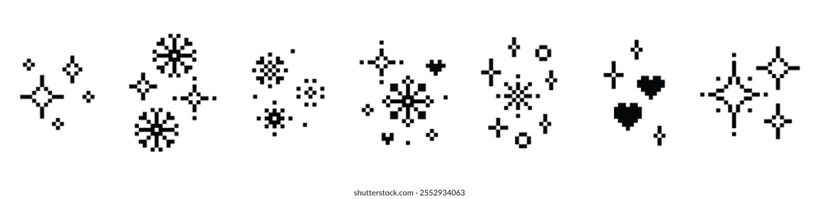 A set of snowflake in pixel art style. Abstract winter black vector elements. Simple geometric vector Christmas icons. Crystal, heart, star sparkle shine. Magic holiday pixels design. White background