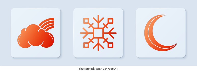 Set Snowflake, Rainbow with clouds and Moon and stars. White square button. Vector