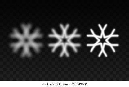 Set of snowflake shapes isolated on transparent background. Vector illustration. Frosty snow particles. Ornate snowflake with different phases of blurriness suitable for making depth of field effect