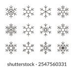 Set of snowflake simple line icons for winter season. Design elements symbolizing snow, snowflakes, ice, crystals, winter, frost, cold weather and Christmas.