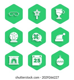 Set Snowflake speech bubble, Calendar, Christmas ball, Santa Claus hat, Interior fireplace, snow globe, Mulled wine and Ski goggles icon. Vector