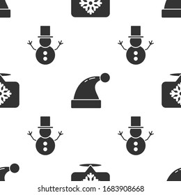 Set Snowflake with speech bubble, Christmas Santa Claus hat and Christmas snowman on seamless pattern. Vector