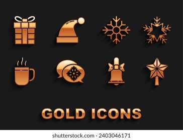 Set Snowflake with speech bubble, Christmas star, Merry ringing bell, Coffee cup, Gift box and Santa Claus hat icon. Vector