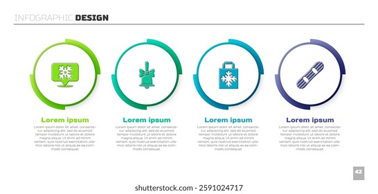 Set Snowflake speech bubble, Merry Christmas ringing bell, shopping bag and Snowboard. Business infographic template. Vector
