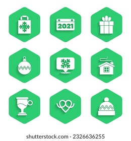 Set Snowflake speech bubble, Pretzel, Winter hat, Merry Christmas house, Mulled wine, ball, Gift box and shopping bag icon. Vector