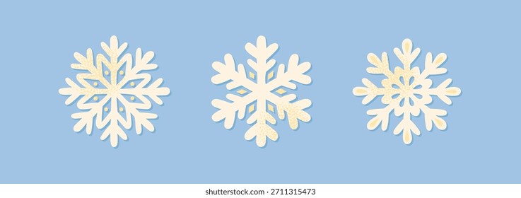 Set snowflake and star shapes on blue background. Flat vector illustration. Retro Christmas snowflakes geometric snow crystals collection for New Year holiday decoration winter season and Christmas