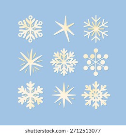 Set snowflake and star shapes on blue background. Flat vector illustration. Retro Christmas snowflakes geometric snow crystals collection for New Year holiday decoration winter season and Christmas