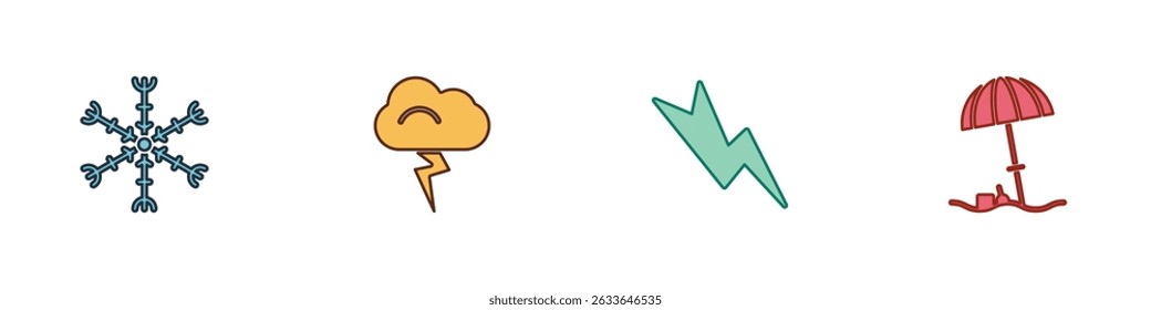 Set Snowflake, Storm, Lightning bolt and Sun protective umbrella for beach icon. Vector