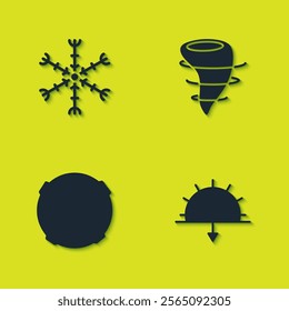 Set Snowflake, Sunset, Moon and Tornado icon. Vector