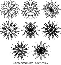 Set of snowflake symbols. Web design elements isolated on white background. Can be used as anti stress coloring pages. Vector illustration