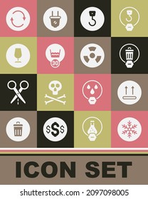 Set Snowflake, Temperature wash, Trash can, Industrial hook, Fragile broken glass, Recycle symbol and Radioactive icon. Vector