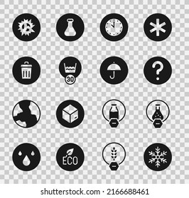 Ajuste copo de nieve, tubo de ensayo y matraz, búsqueda desconocida, reloj, lavado de temperatura, lata de basura, explosión de bomba y paquete de entrega con icono de paraguas. Vector