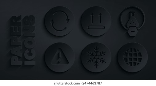 Set Snowflake, Test tube and flask, Exclamation mark in triangle, Social network, Temperature wash and Recycle symbol icon. Vector