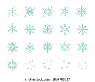 set of snowflake thin line icons, snow, winter, season