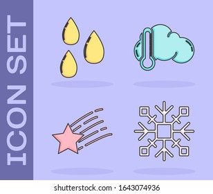 Set Snowflake, Water drop, Falling star and Thermometer and cloud icon. Vector