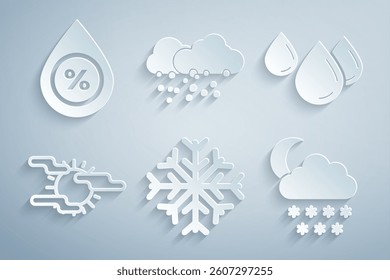 Set Snowflake, Water drop, Fog and sun, Cloud with snow moon,  and percentage icon. Vector