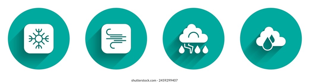 Set Snowflake, Wind, Cloud and lightning and with rain icon with long shadow. Vector