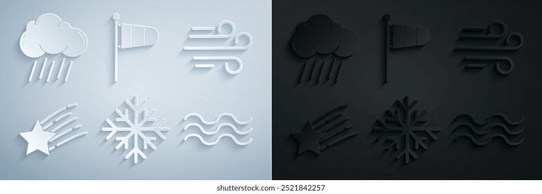 Conjunto Copo de nieve, viento, estrella que cae, olas, meteorología de cono, veleta de viento y nube con icono de lluvia. Vector