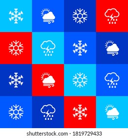 Ponga copo de nieve, clima de viento y Nube con un icono de lluvia y relámpagos. Vector.