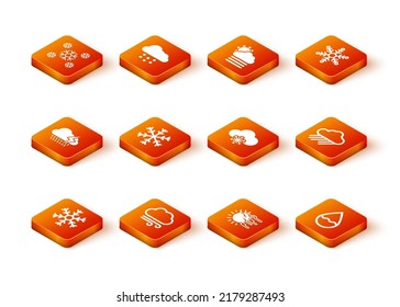 Set Snowflake, Windy weather, Cloud with rain and lightning, Fog sun and snow icon. Vector