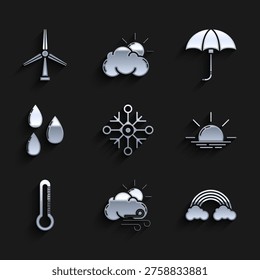 Set Snowflake, Windy weather, Rainbow with clouds, Sunrise, Thermometer, Water drop, Classic elegant opened umbrella and turbine icon. Vector