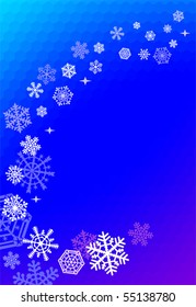 Set of snowflakes arranged on a blue cellular background with copy space. No gradients used.