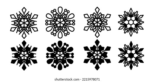 Juego de copos de nieve. Iconos planos negros aislados en fondo blanco.