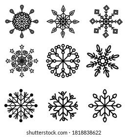 set of snowflakes black outline, vector illustration on a white background, clipart, design, design, icon