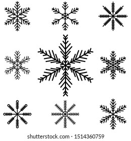 Set of snowflakes, black silhouettes, vector illustration.