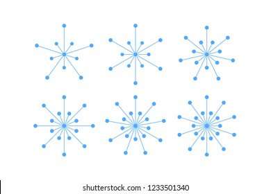 Set of snowflakes of blue lines and circles. Five, six, seven, eight, nine, ten pointed snowflakes isolated on white. Geometric figures. Design elements. EPS 10 vector.