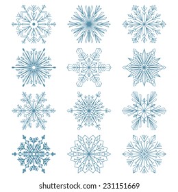 Set of snowflakes. Blue vector snowflakes on a white background. Beautiful winter ornament. Snowflake icons 