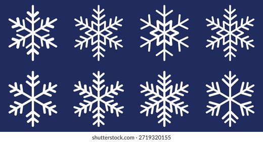 Conjunto de diseño de Navidades Snowflakes. Patrón editable del copo de nieve del golpe del Vector del copo de nieve. Invierno de nieve. Copos de nieve cristales de hielo blanco sobre fondo oscuro. Símbolo del invierno. Navidades logo dibujo a mano.