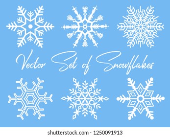 Set of Snowflakes Christmas design vector. Cute snowflake collection isolated on blue background. Flat line snow icons, snow flakes silhouette