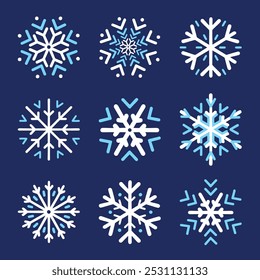 Conjunto de vetor de design de Natal Snowflakes. Ícones de flocos de neve. Floco de neve branco. Modelo de flocos de neve. Inverno de neve. Ícones de flocos de neve. Ícone de vetor floco de neve