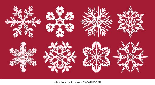 Set of  snowflakes. Christmas or New Year decoration. Templates for laser cutting, plotter cutting or printing. Vector illustration. Elements of festive background.