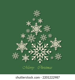 Set of Snowflakes in Christmas tree shaped. Snowflake. Christmas template greeting card, banner, poster or flyer. Winter Christmas concept. Vector illustration