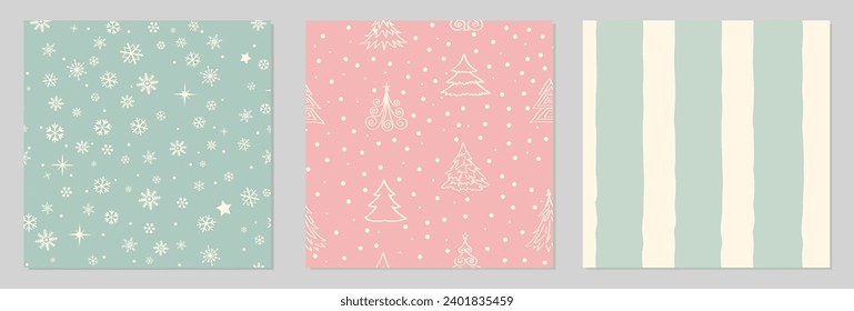 Set of snowflakes, christmas tree and stripe lines retro seamless pattern, snow background. Winter Christmas decor collection.