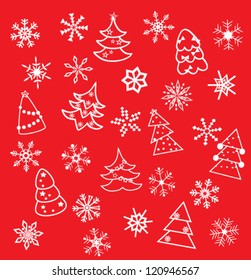 set of snowflakes and Christmas trees