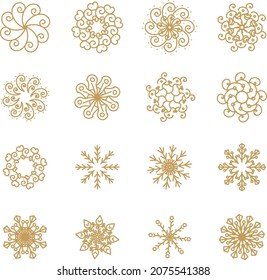 Set of Snowflakes Christmas vector designs, golden snowflakes, winter decorations.