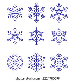 Juego de copos de nieve. Colección de copos de nieve de diferentes formas. Ilustración vectorial aislada en un fondo blanco.