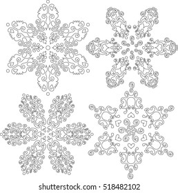 Set of snowflakes for coloring, anti stress therapy art pattern. Vector illustration. 