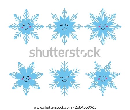 Set of snowflakes with cute smiling faces and different expressions for winter and Christmas design
