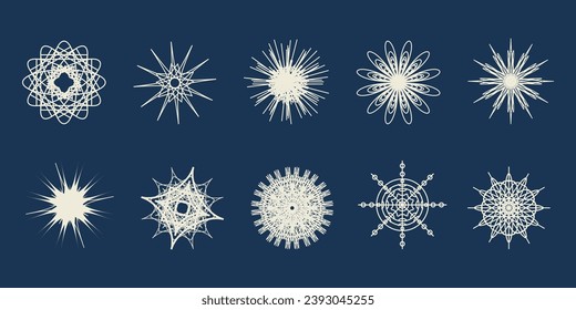 Set snowflakes different on a dark background. Separate elements for any design. Vector flat illustration.