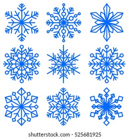 A set of snowflakes of different shapes. Collection of decorative snowflakes image. Vector illustration.