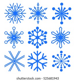 A set of snowflakes of different shapes. Collection of decorative snowflakes image. Vector illustration.